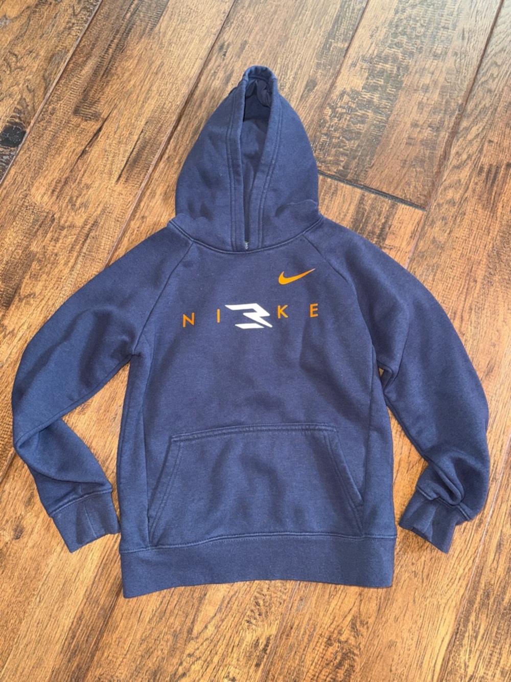 Nike 3 Brand Navy Pullover Hoodie + Orange Logo. BOYS SIZE SMALL.